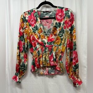 Zara Wrap Top Blouse Womens Size Small Floral Satin Smocked Waist